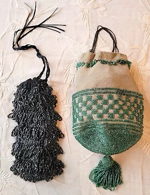 Lot Of 2 Antique Victorian Hand Beaded Drawstring 1920's Pouch Purses Flapper #2 • $35