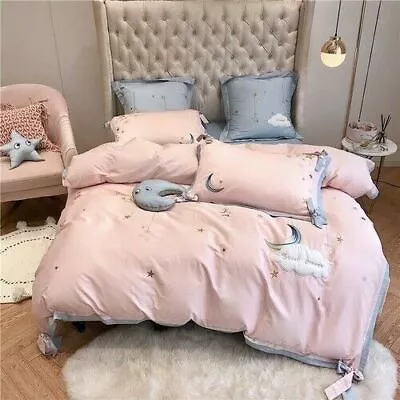 Stars Moon Embroidery Bedding Set 4/7pcs Egyptian Cotton Bed Cover Bed Sheet • $556.07