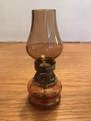 4” Vintage Amber Glass Mini Oil Hurricane Lamp Miniature Small Made In Hong Kong • $15