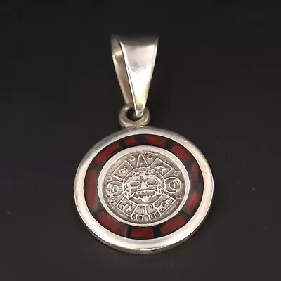 Sterling Silver - MEXICO Coral Inlay Mayan Sun Necklace Pendant - 7g • $2.99