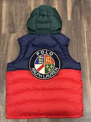 Polo Ralph Lauren Hooded Down Puffer Vest  Red Blue Crest Cookie Mens Large • $125