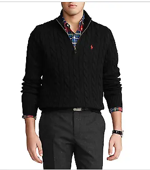 Polo Ralph Lauren Men's Black Big & Tall Cable Knit Cotton Zip Sweater US XLT • $79.66