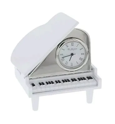 Elegant Luxurious White Grand Piano Miniature Mantle Clock In Enamel & Silver • £18.99