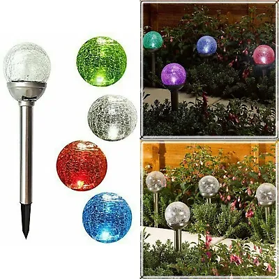 Solar Powered Color Changing Led Globe Crackle Glass Ball Stake Light XMAS GIFT • £13.95