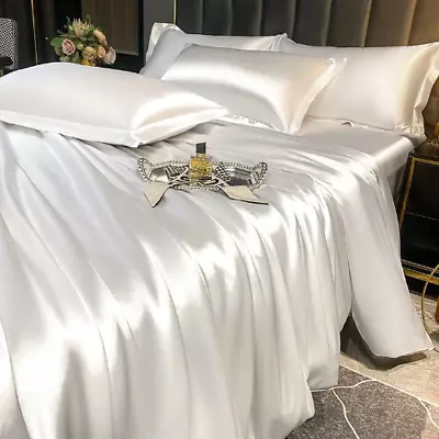 Silk Bedding Set With Duvet Cover Bed Sheet Pillowcase Couple Single Double  • £74.26