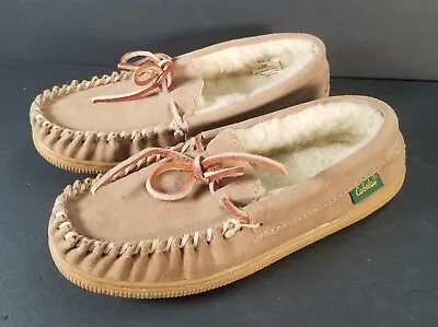 Cabela's Tan Suede Leather Faux Fur Lined Moccasin Slippers W-6 CabinCore NWOB  • $29.42