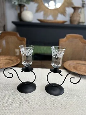 Two Vintage Hurricane Etched Glass And Black Metal Candle Holders 10 Inches Tall • $30