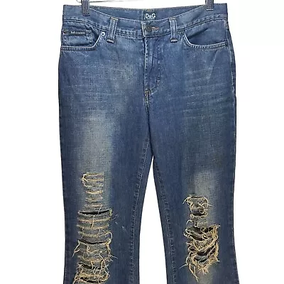 D&g Dolce & Gabbana Wide Leg Heavy Distressed Blue Jeans 28 42 (actual 28x31.5) • $36