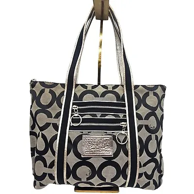 Coach Poppy Op Art 13826 Silver Shiny Sparkle Signature Tote Shoulder Bag Black • $24.99