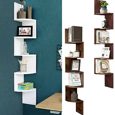 5 Tier Bookcase Corner Shelf Wood Bookshelf Floating Wall Shelving Unit Zigzag  • £29.99