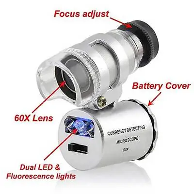 £3.99 • Buy 60x Pocket Microscope – Magnifying Glass Jeweller Loupe Magnifier - LED UV Light
