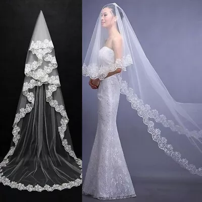 Wedding Veil Cathedral Long 3M White Lace Headpieces Tier With Edge Bridal UK • £4.79