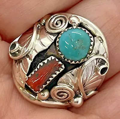 Navajo Men's Nugget Turquoise Coral Ring Size 10 Sterling Signed Lorena Brown • $79.94