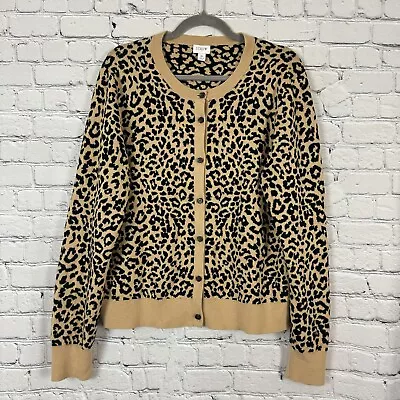 J Crew Leopard Cardigan Sweater Women Size XL Brown Black Crew Neck Button Front • $30.40