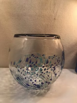 Vtg 10 Cup Betta Fish Bowl Tank Rose Terrarium HandBlown Glass Cobalt Blue Dots • $50.99