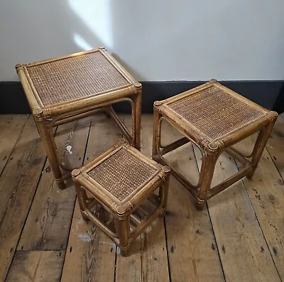 Vintage Trio X3 Bamboo Cane Wicker Nest Tables Side Occasional Tables Boho • £64.99