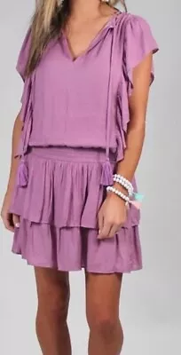 Mustard Seed Lilac Tiered Mini Dress S Ruffled V-Neck Tie Pom-Pom Silky Satin • $29.95