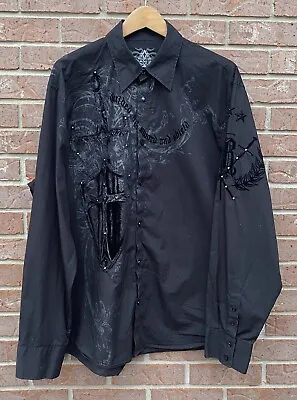 Roar Sword Shield War Eagle Velvet Trim Graphic Button Up Shirt Black Men’s XL • $45