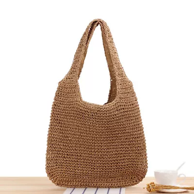 Women Woven Straw Shoulder Bag Large Summer Beach Bag Handbag Tote With Zipper • £12.25
