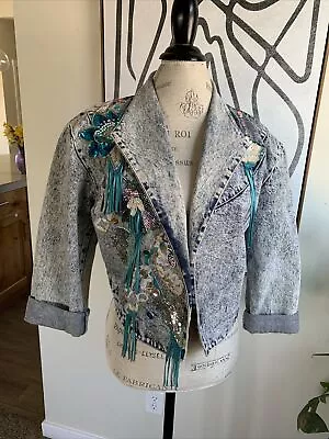 VTG Western Cropped Denim Jacket 80s Acid Wash Womens S Fringe Beaded Jewels USA • $45