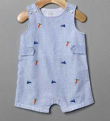 MUD PIE Boys 3 6 Mo Blue Seersucker Bunnies & Carrots Embroidered Romper Easter • $18