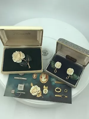 $255 • Buy VINTAGE JERELRY Krementz 14kt Overlay Enamel Earring PIN BROOCH BOX Lot Roses