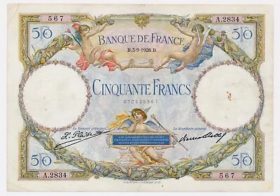 FRANCE Banknote 50 Francs 3.9.1928. Early Date !!! VF Very Fine • £79.06