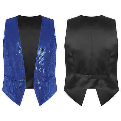 US Mens Shiny Sequin Sleeveless Jacket Disco Jazz Hip Hop Tuxedo Waistcoat Vest  • $13.48
