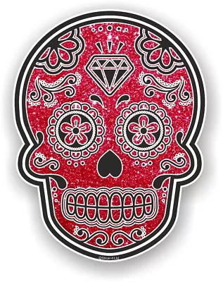 Mexican Day Of The Dead Sugar Skull Red Glitter Sparkle Effect Vinyl Car Sticker • £2.49