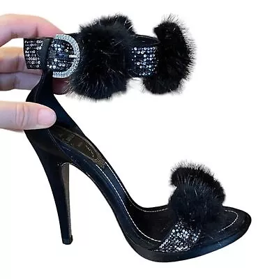 Rene Caovilla Black Satin Crystal Rhinestone Embellishment Mink Fur Heels • $300