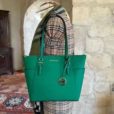 Michael Kors Charlotte Large Zip Tote Shoulder Bag  Palmetto Green Leather Nwt • $139.99