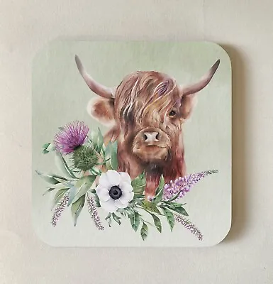 £3.99 • Buy Coaster, Gift, Gorgeous Highland Cow With A Flower & Thistle Bouquet  (Coas137)