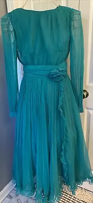 MISS ELLIETTE CALIFORNIA Vintage Chiffon Pleated Dress Green Teal Party Sz (8) • $65