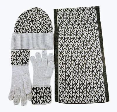 SET MICHAEL KORS 3-Piece Gold Box Scarf  Hat & Gloves MK LOGO Gray / Black $148 • $48.78