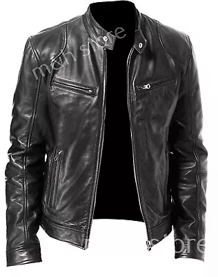 Cafe Racer Biker Leather Jacket Black Soft Sheep & Cow Skin Leather • $149.99