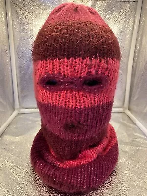 Ski Mask Balaclava Pink/Burgandy Stripe 3 Hole Winter Hat HandMade • $20