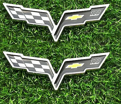 Pair Set New C6 Corvette 100th Flags Badge For 05-2013 Front Hood Rear Emblems • $24.99