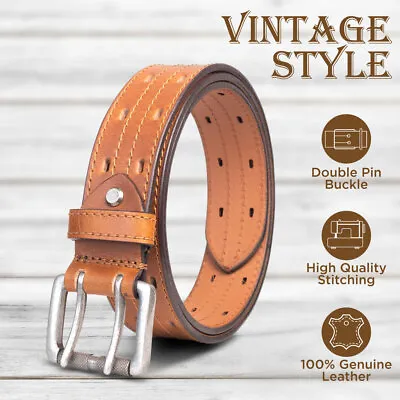 100% Mens FullGrain Leather Double Prong Belt Belts Vintage Roller Buckle Jeans • $19.95