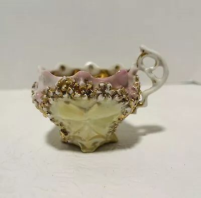 Vintage Painted Porcelain Miniature Teacup Yellow Pink Gold Accent • $14.99