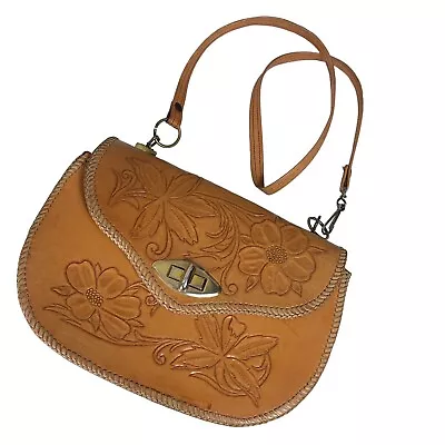 Vintage Hand Tooled Leather Purse Western Handbag Brown Floral 11.5x8 3  Depth • $34.99