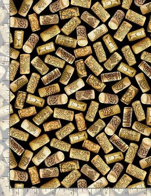 Food Fabric | Beige Wine Cork Toss On Black | Timeless Treasures YARD • $10.98