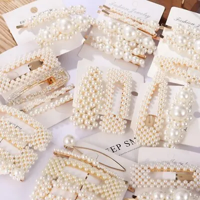Large Pearl Hair Clips Slide Bridal Hairpins Barrette Accessory Geometric Snap • £3.95
