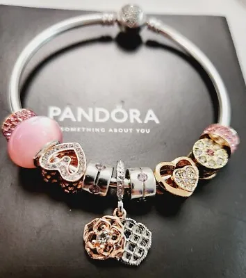 $89.95 • Buy Genuine PANDORA Heart Bracelet Bangle With Genuine Charms & Generic Charms 17cm