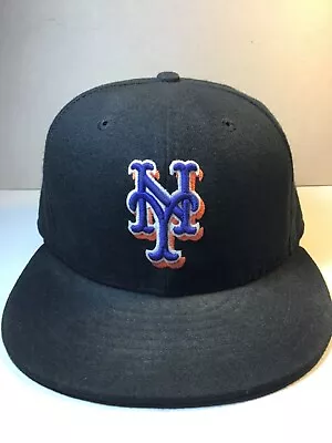 New York Mets New Era 59FIFTY Fitted Hat Black Brim White Orange Blue • $15