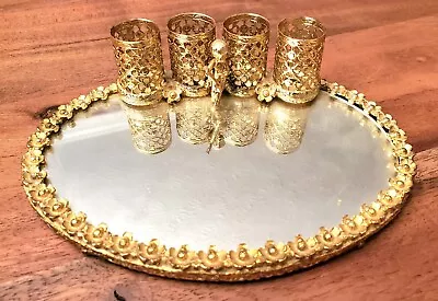 Small Gold Tone Metal Filagree Vanity Mirror Tray Lipstick Holder With Cherub • $25