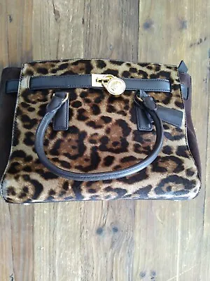 Michael Kors Lg Hamilton Leopard Calf Hair Suede Satchel Tote Brown Gold Zip Top • $101