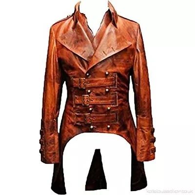 Men Gothic Tailcoat Steampunk Victorian Real Brown Leather Trench Long Coat • $114.99