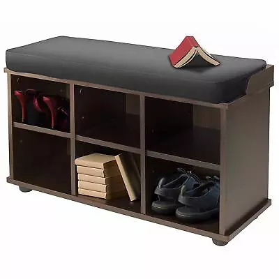 Brown Wooden Storage Bench Black Cushion Shoe Cubbies Entryway Mud Room Bedroom • $170.90