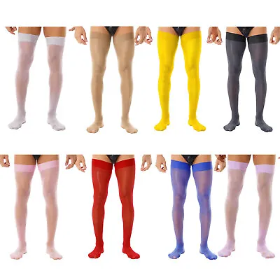 $7.23 • Buy Men Glossy See-through Stockings Thin Solid Sexy Stretchy Sheer Thigh High Socks