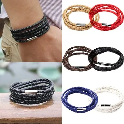 £3.28 • Buy Leather Braided Wristband Bracelet Stainless Steel Magnetic Clasp Men Women 2022